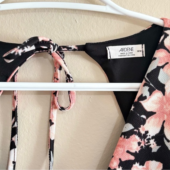 Black Flutter Sleeve A-Line Dress Pink Grey Floral & Deep V-Neck - Picture 5 of 16